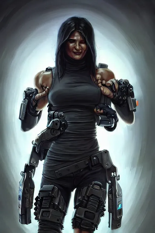 Prompt: gina carano as a shadowrun ork with cybernetic prothesis grey metallic arm, casual black clothing, muscular, realistic proportions, casual pose, large portrait, sci - fi, rpg character, digital painting, artstation, concept art, smooth, 8 k frostbite 3 engine, ultra detailed, art by artgerm and greg rutkowski and magali villeneuve