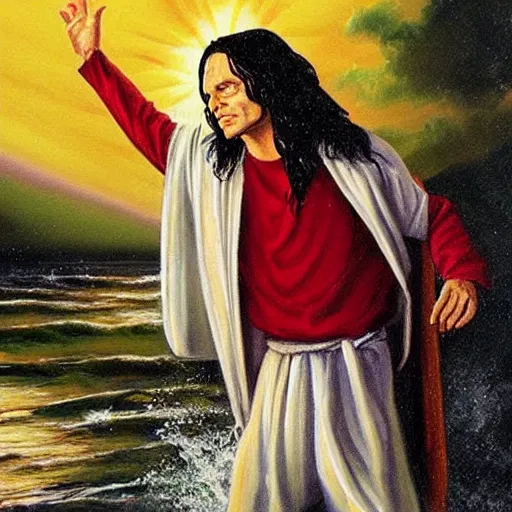 Prompt: tommy wiseau jesus break dances on the water, biblical, oil painting, sunny, beautiful