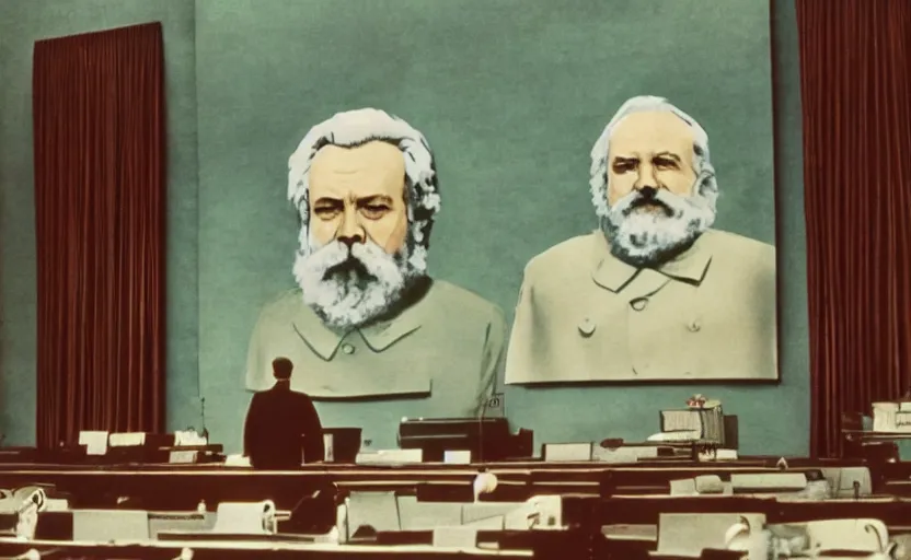 Image similar to 60s movie still of a stalinist style parlement with a giant painting of Karl Marx, by Irving Penn , cinestill 800t 35mm eastmancolor, heavy grainy picture, very detailed, high quality, 4k, HD criterion, precise texture