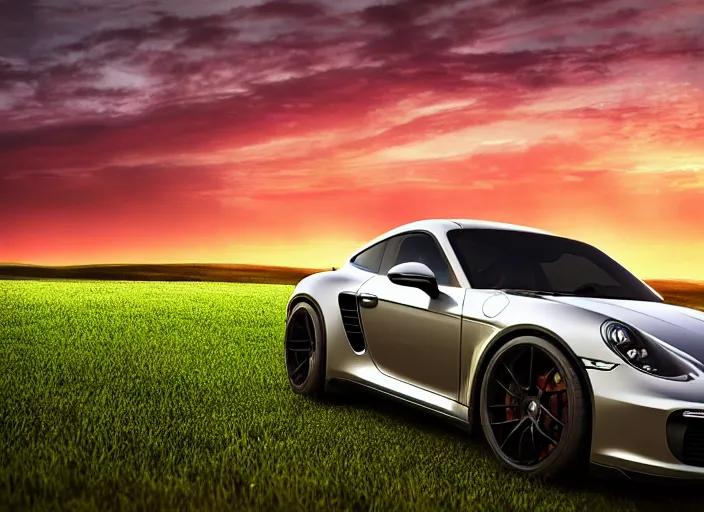 Image similar to cinematic fast sportscar that has front of porsche and back of lada in a lush field, shiny, oil on canvas, beautiful lighting, photorealistic, sharp, sunset, by scott robertson