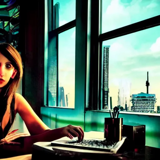 Prompt: synthwave cluttered living room wide shot cyberpunk high tech, cool girl sitting at table, through the window is a cityscape, dramatic lighting, music by vangelis