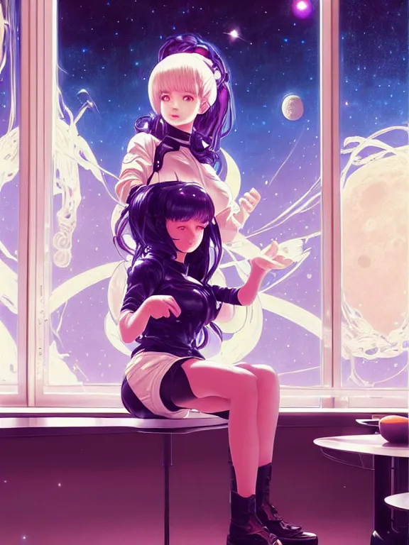 Image similar to full body picture of a space girl sitting in the moon cafe, bored, coveted, beautiful and aesthetic, intricate, unreal engine, messy hair, highly detailed, detailed face, smooth, sharp focus, chiaroscuro, manga illustration, artgerm, greg rutkowski, ilya kuvshinov, rossdraws, alphonse mucha, young adult light novel cover art