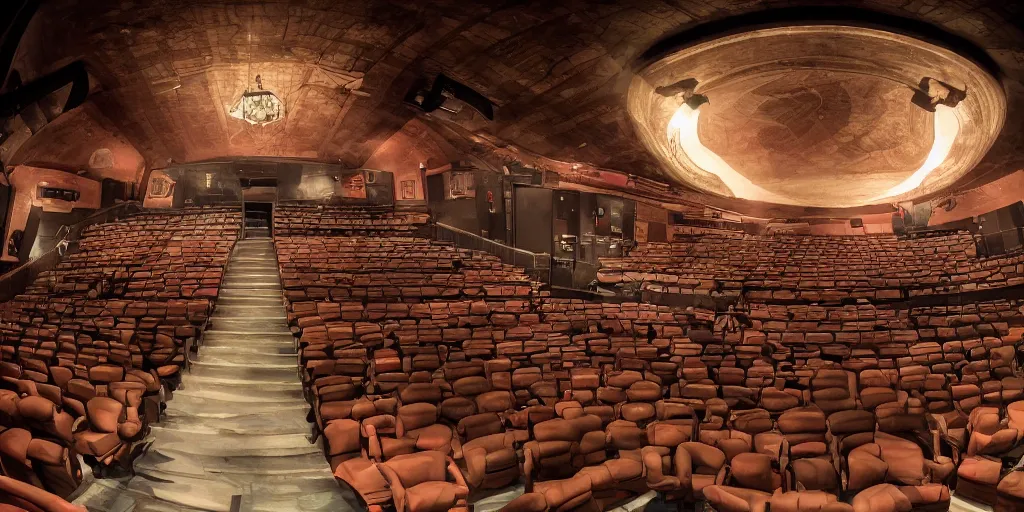 Image similar to a dimly lit, theater hall, 3 doors, 1 staircase, day of the tentacle style, fish eye