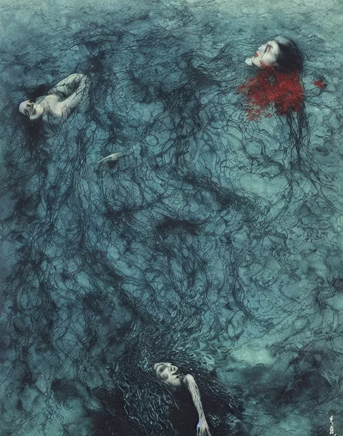 Image similar to a mermaid swimming deep underwater, high detailed beksinski painting, part by adrian ghenie and gerhard richter. art by takato yamamoto. masterpiece, dark and moody, deep colours, blue