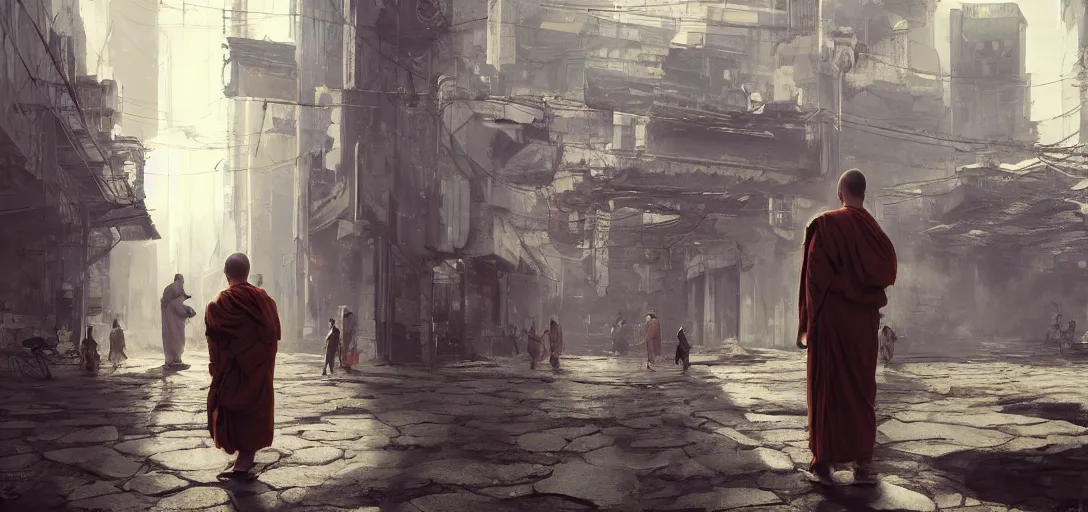 Image similar to monk meditation in a cyberpunk world with people walking around wearing vr headset by eugene von guerard, ivan shishkin, concept art, trending on artstation