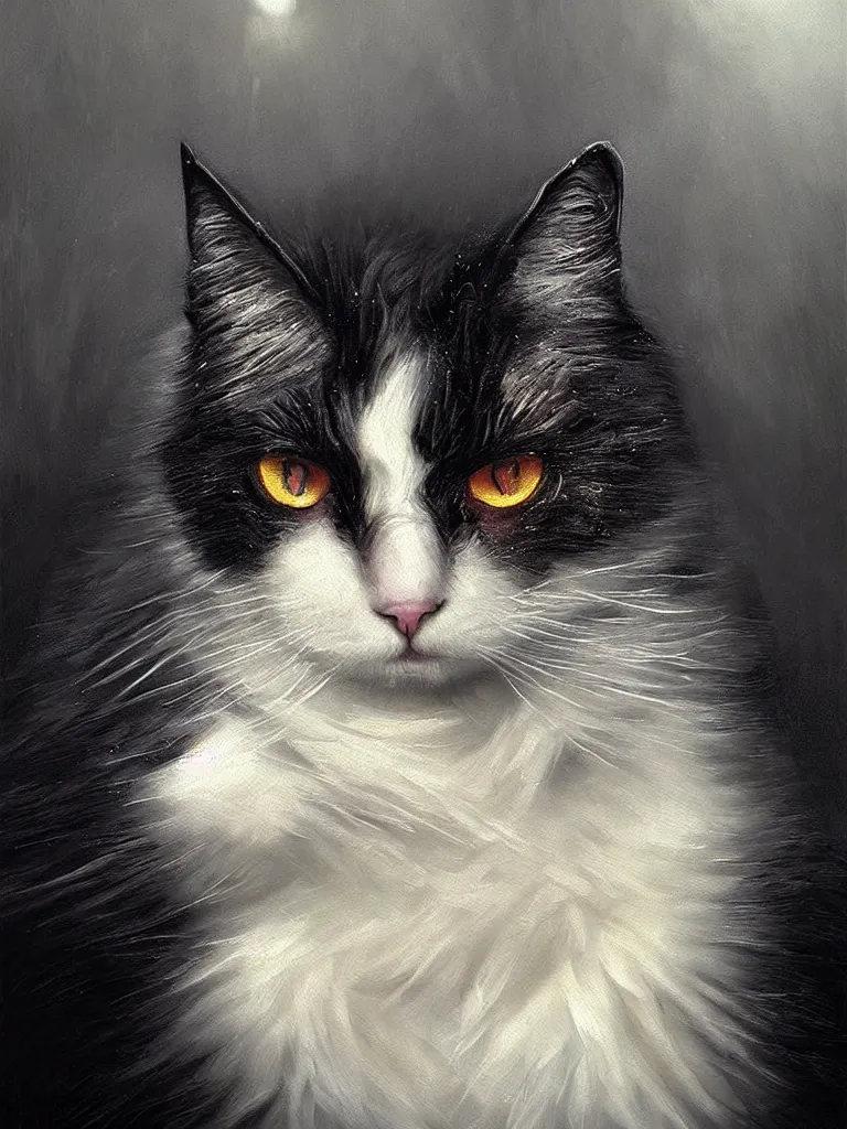 Prompt: highly detailed oil painting | very intricate | cinematic lighting | black, white and blood color scheme, dark background | portrait of a exquisite beautiful white fluffy cat with yellow eyes, gothic fog ambience, hyper realistic head, fantasy victorian art, in the style of greg rutkowski, zdizslaw beksinski, intricate, alphonse mucha