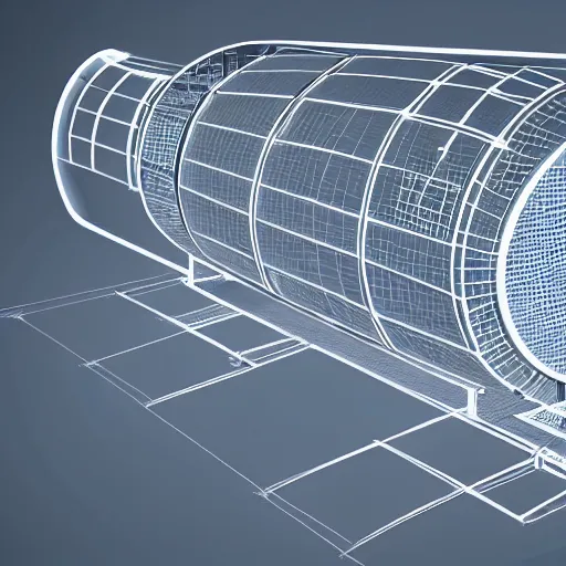 Image similar to xray wireframe of blueprint sketch of barrel fed rocket launcher, 8k resolution, high detail, ULTRA REALISTIC VFX, reflections, post processing