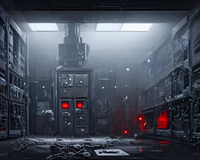 Image similar to robo in gloomy ruined server room in datacenter robot painting concept art of automata rusty steel robot knight colossus welder pacing mono eyed, sharp focus, emitting diodes, smoke, artillery, sparks, racks, motherboard, by pascal blanche rutkowski repin artstation hyperrealism detailed character design matte painting, 4 k resolution blade runner