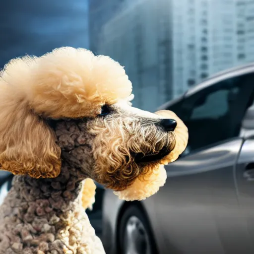 Prompt: a closeup photorealistic photograph of a poodle eating from a jar of mustard. toyota prius is in the background. professional capture. brightly lit scene. this 4 k hd image is trending on artstation, featured on behance, well - rendered, extra crisp, features intricate detail, epic composition and the style of unreal engine.