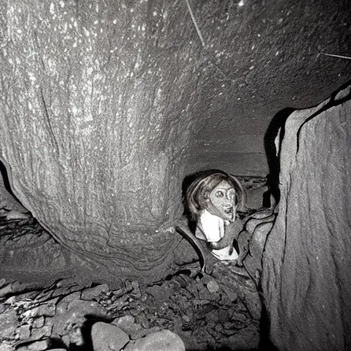 Prompt: scary creature caught on camera took by the mom in 1 9 9 6 s at new york on a cave