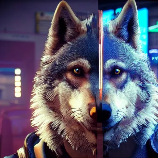 Image similar to 3d render of detective canis lupus wolf in cyberpunk 2077