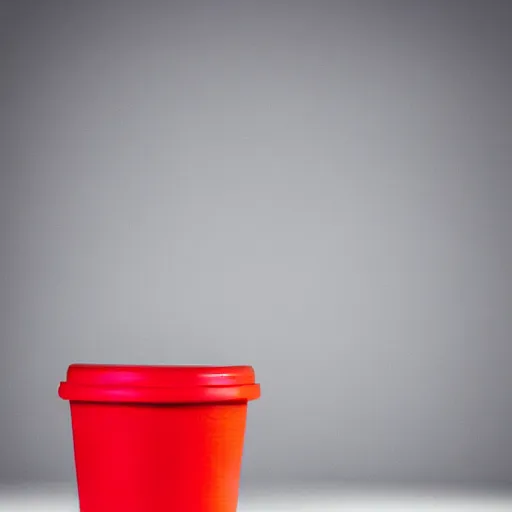 Image similar to an ultra high definition professional studio photograph, 5 0 mm f 1. 4 iso 1 0 0. the photo is set in a plain empty white studio room with a plain white plinth centrally located. the photo depicts a red cup on the plinth in the centre of the image. three point light.