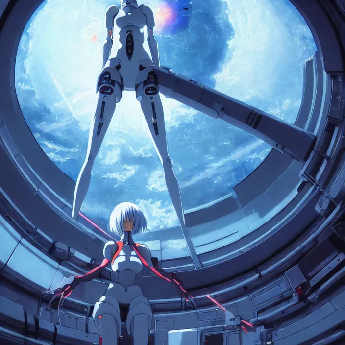 Image similar to Female Anime Character rei ayanami cyborg, giygas, epcot, inside a space station, eye of providence, Beksinski Finnian vivid Wojtek William to eye, hellscape, mind character, Environmental occlusion theme Jia, a William mans character, Artstation station female hyperdetailed with , rei ayanami