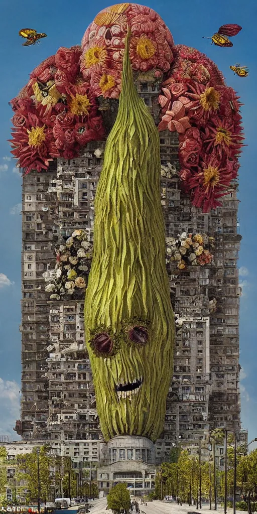 Prompt: colossal Beelzebub flower in the middle of post soviet constructivist cityscape, Stalinist architecture, brutalist architecture, ultradetailed, Intricate by Giuseppe Arcimboldo and MC Esher and Wes Anderson and H.R. Giger