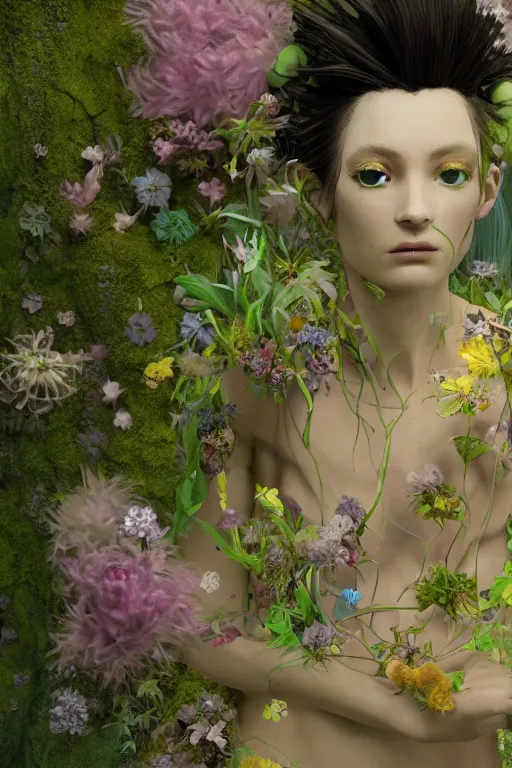 Image similar to nonbinary model, subject made of cracked clay, vine headdress, moss patches, 2 0 mm, with pastel yellow and green flowers bursting out, melting into oddish, delicate, beautiful, intricate, houdini sidefx, by jeremy mann and ilya kuvshinov, jamie hewlett and ayami kojima, bold 3 d