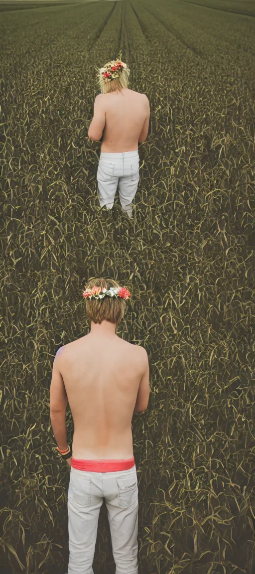 Image similar to agfa vista 4 0 0 photograph of a skinny blonde guy standing in a cornfield, flower crown, back view, grain, moody lighting, telephoto, 9 0 s vibe, blurry background, vaporwave colors!, faded!,