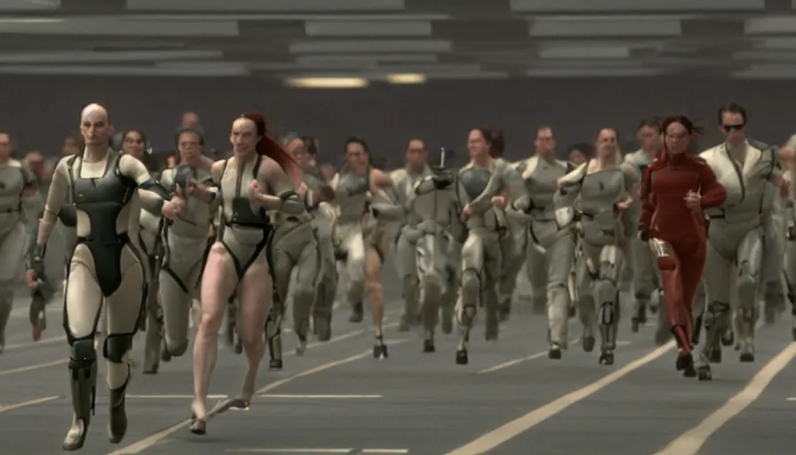 Image similar to The matrix, LeeLoo, Starship Troopers, Clarice Starling, Rey, Sprinters in a race with a clear winner, The Olympics footage, intense moment, cinematic stillframe, shot by Roger Deakins, The fifth element, vintage robotics, formula 1, starring Geena Davis, sports photography, clean lighting