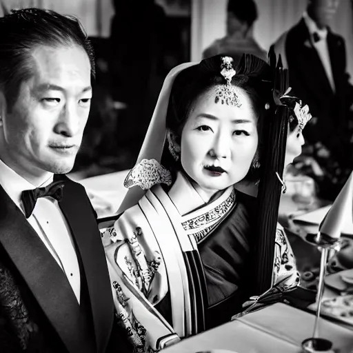 Prompt: A close up shot, colored black and white Russian and Japanese mix historical fantasy a photograph portrait taken at the empress and emperor's royal wedding breakfast, a collection of sandwiches and canapés was served, mixing traditional Japanese choices with some Russian influences, professional corporate portrait, warm lighting, 1907 photo from the official wedding photographer for the royal wedding. Cinematic, atmospheric lighting, extreme detail, 8K, high detail,