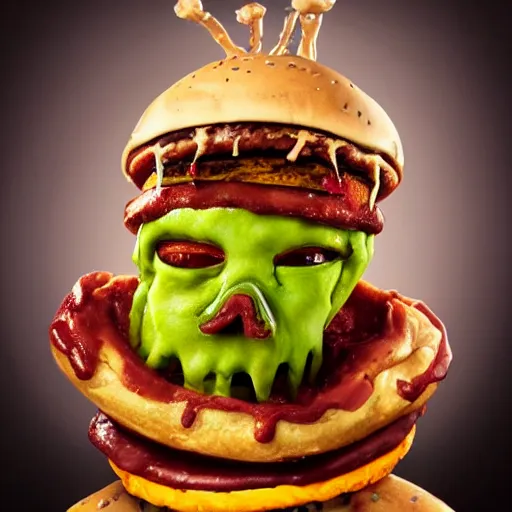 Image similar to a humanoid bipedal upright zombie that strongly resembles a hamburger, professional food photography