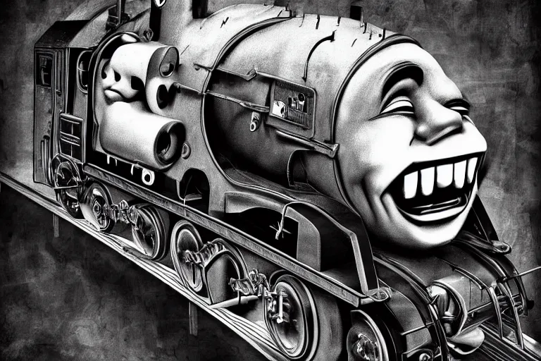 Prompt: Dystopian Thomas the Tank Engine laughing like The Joker by H.R. Giger. Grayscale