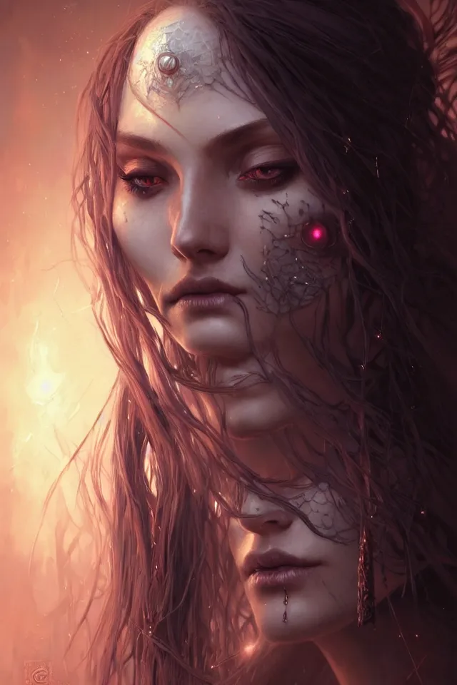 Image similar to Necromancer Sorceress face close-up macro in center, fantasy magic, undercut hairstyle, dark light night, intricate, elegant, sharp focus, illustration, highly detailed, digital painting, concept art, matte, art by WLOP and Artgerm and Greg Rutkowski and Alphonse Mucha, masterpiece