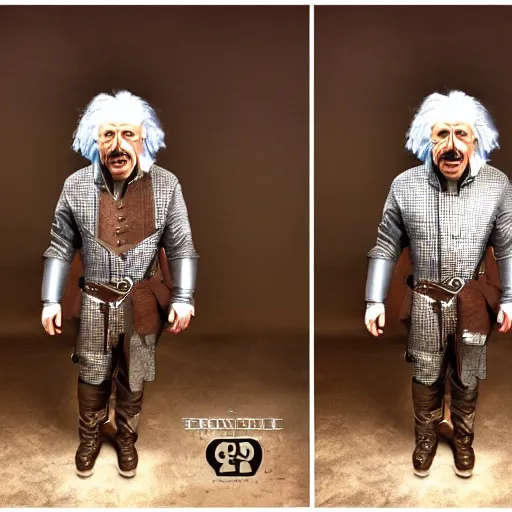 Prompt: einstein wearing Geralt of Rivia's armor, promo shoot, studio lighting,