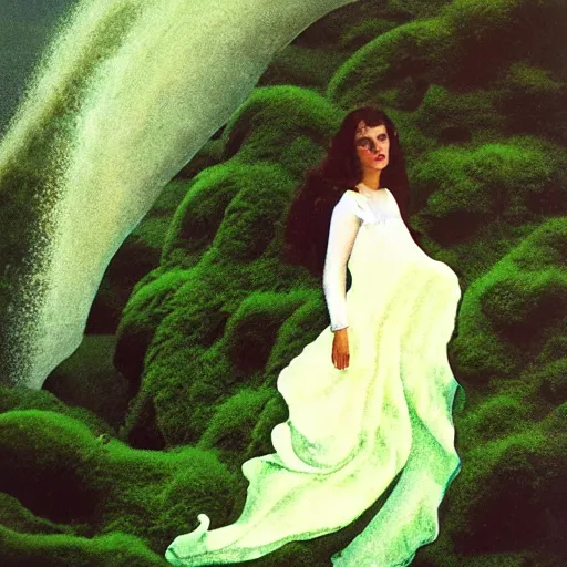 Image similar to 1 9 7 0's artistic italian western film in color, a woman in a giant billowy wide flowing waving dress made out of ocean waves and sea foam, standing inside a green mossy irish rocky scenic landscape, huge crashing waves and sea foam, volumetric lighting, backlit, moody, atmospheric