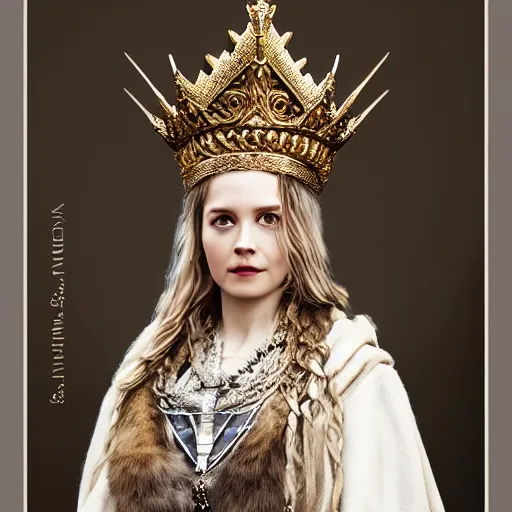 Image similar to beautiful nordic queen with ornate cloak and crown, highly detailed, 4k, HDR, smooth, sharp focus, hyper realistic, high resolution, award-winning photo