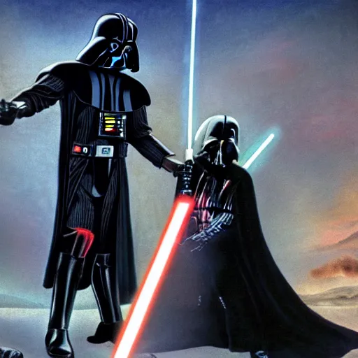 Prompt: biblical picture of darth Vader striking Jesus down with a light-saber