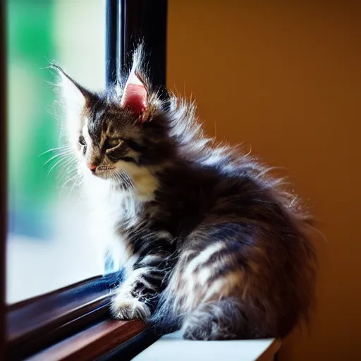 Image similar to medium - shot view from the back of a backlit maine coon kitten gazing out a window at flowers on a sunny day. 3 5 mm, f / 1 1. 0, iso 2 0 0, hdr