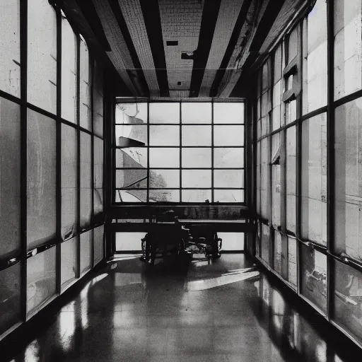 Image similar to eco brutalist interior with high celing and big windows, dark moody lighting, neo militarism, highly detailed, excellent composition, dramatic lighting, photography, 3 5 mm, kodak film