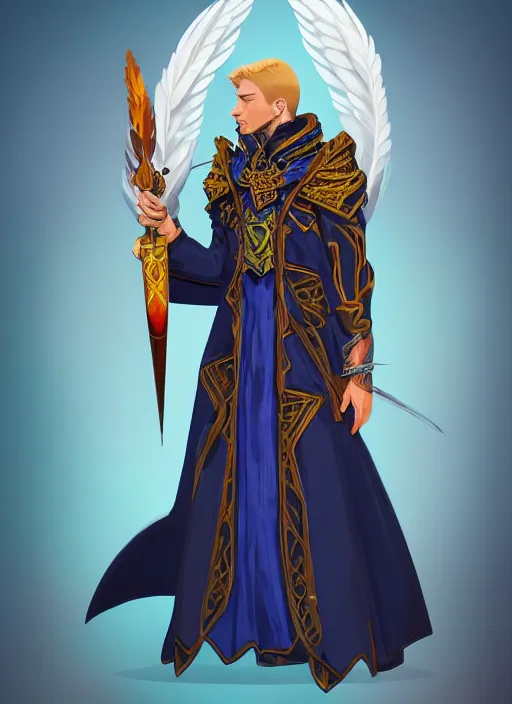 Image similar to male warlock with the head of a hawk, wind magic, blue robes, exquisite details, full body character design, white background, by studio muti