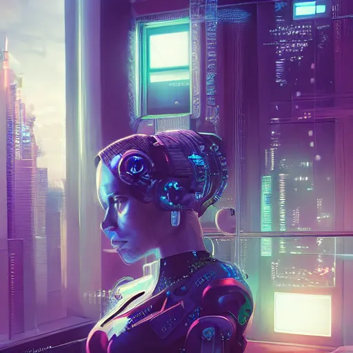 Image similar to portrait of cyberpunk woman looking out of a window, cyberpunk setting, futuristic, highly detailed, intricate lighting, digital painting, sharp focus, illustration, trending on artstation, art by chengwei pan.