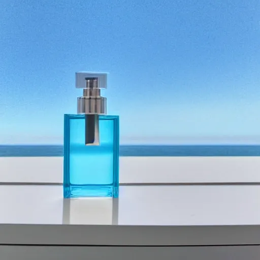 Prompt: perfume bottle on window sill in a pastel clean modern minimalist room with a view of the beach and blue skies in an easter - blue room well contoured smooth fair walls, up close shot, sharp focus, zen, clean, modern minimalist, octane highly render, 4 k, ultra hd,