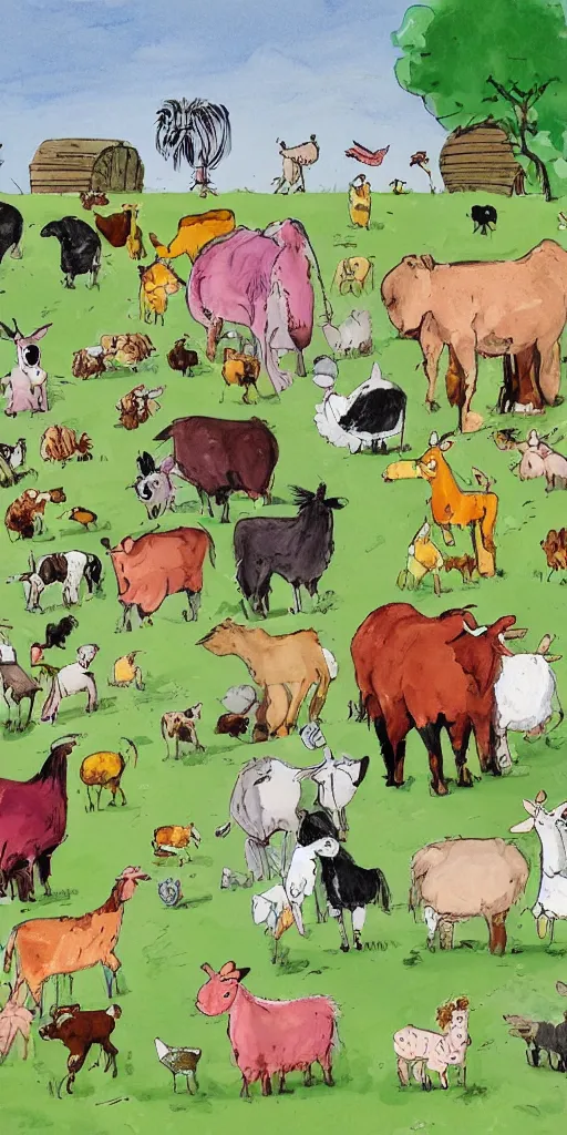 Prompt: farm yard animals by Quentin Blake