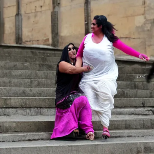 Image similar to jodie marsh pushing an obese indian woman in a wheelchair on steps in Porto, detailed photo