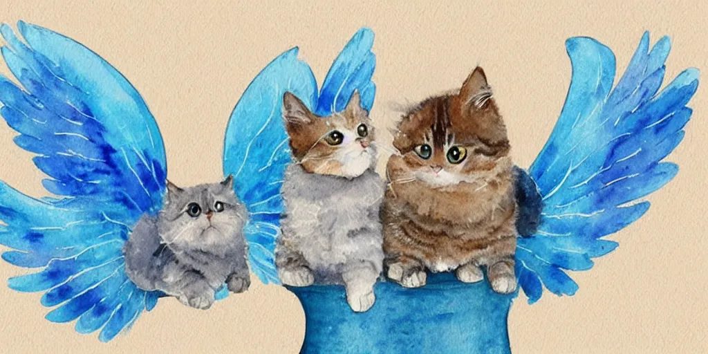 Prompt: watercolor illustration style, cute cats with blue wings