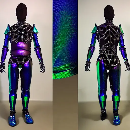 Prompt: full body biomechanical suit made of iridescent butterfly scales