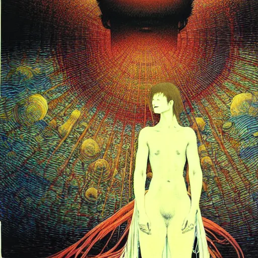 Prompt: standing at the altar of sunlight, high detailed jean giraud painting, by adrian ghenie and gerhard richter. art by takato yamamoto. masterpiece, deep colours.