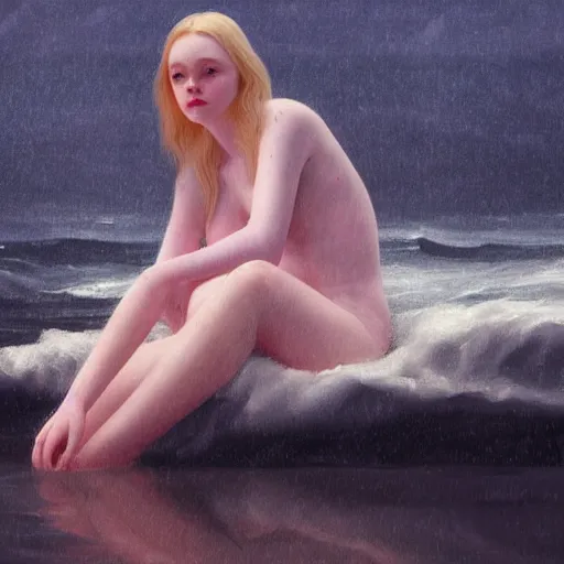 Image similar to Elle Fanning drowning at night in the world of Edward Hopper, stormy snowy weather, extremely detailed masterpiece, oil on canvas, low-key neon lighting, artstation, Blade Runner 2049, Roger Deakin’s cinematography, by J. C. Leyendecker and Peter Paul Rubens,