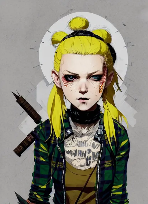 Image similar to highly detailed closeup portrait of a sewer punk pretty swedish female road warrior student, tartan garment, blonde hair pigtails with headband by atey ghailan, by greg rutkowski, by greg tocchini, by james gilleard, by joe fenton, by kaethe butcher, gradient yellow, black, brown and white color scheme, grunge aesthetic!!! white graffiti tag wall background