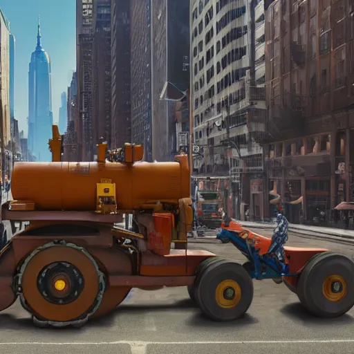 Image similar to a chimpanzee picking up pennies in manhattan with a large steam roller headed towards him, depth of field, max fleischer, breathtaking, detailed and intricate environment, 8 k resolution, hyperrealistic, octane render