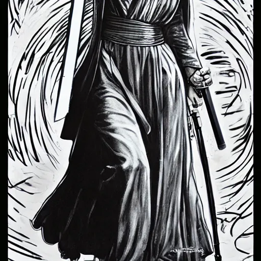 Prompt: line draw black pen high detail aniston as jedi, art style by drew struzan, joseph christian leyendecker & ernie barnes
