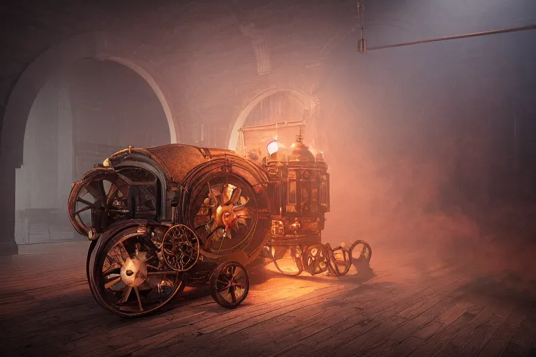 Prompt: Steampunk time machine emitting smoke in a victorian museum, james gurney, cinematic lighting, artstation, vibrant nature, Tuomas Korpi, tekkon kinreet, volumetric light, artstation, , octane render, redshift render, low angle camera, rich deep moody colors