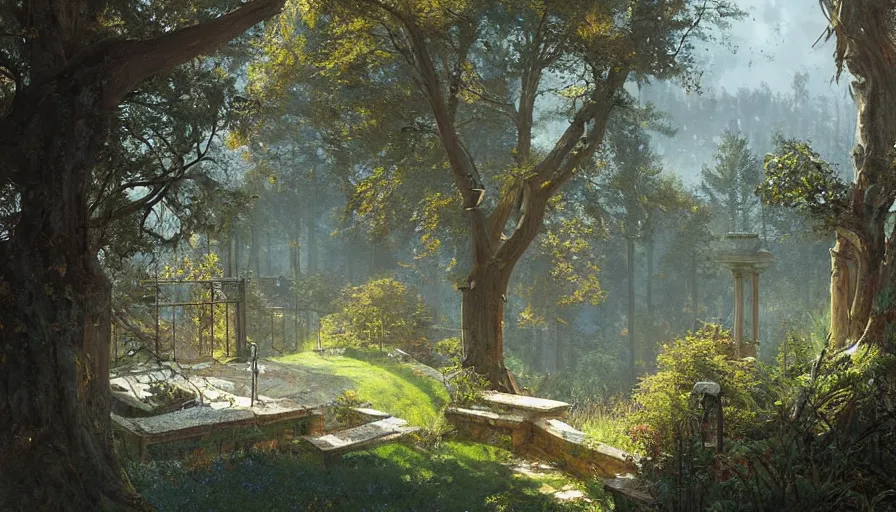 Prompt: view from a victorian manor house balcony overlooking a forest valley, highly detailed, architecture, sunny, blue sky, cinematic lighting, highly angle, godrays, volumetric, digital art painting by greg rutkowski