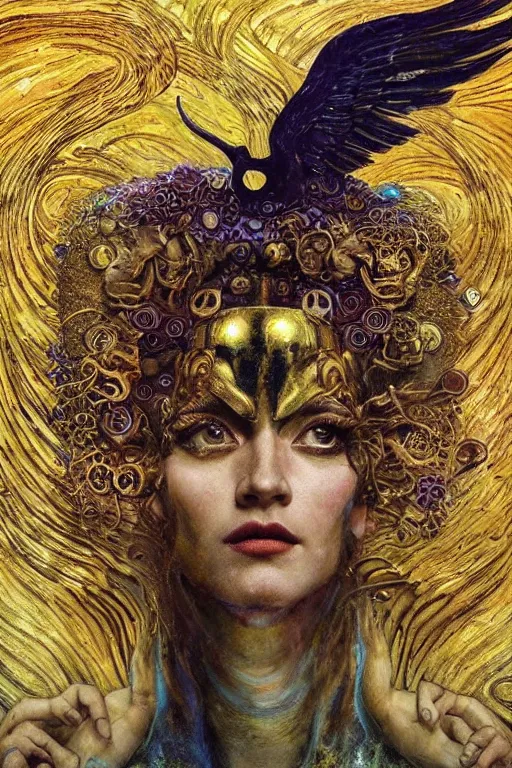 Image similar to Intermittent Chance of Chaos Muse by Karol Bak, Jean Deville, Gustav Klimt, and Vincent Van Gogh, beautiful portrait of Rebirth, Loki's Pet Project, Poe's Angel, Surreality, inspiration, imagination, muse, otherworldly, fractal structures, arcane, ornate gilded medieval icon, third eye, spirals