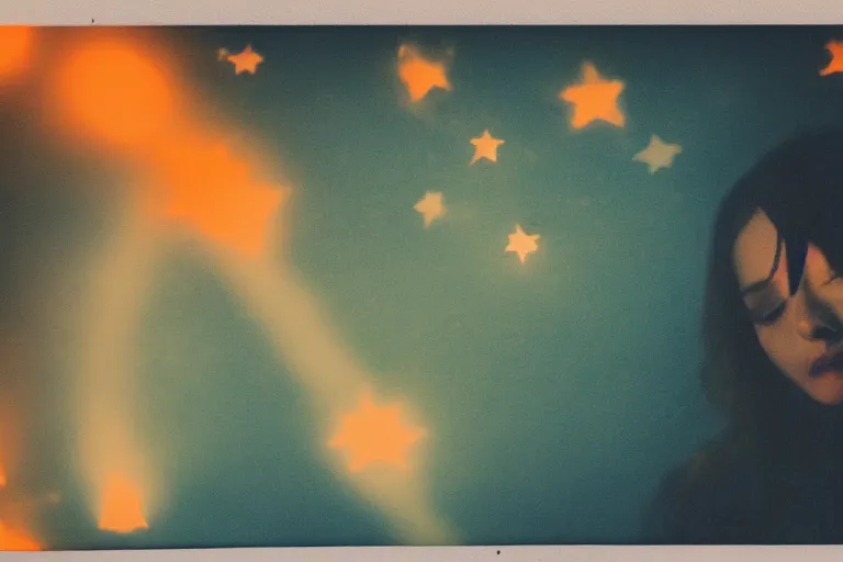 Prompt: blured shadow of sleepy young woman on white light, focused background blue night sky with stars and orange campfire, polaroid photo