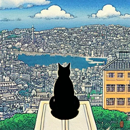 Prompt: a black cat girl looking out over a city, Miyazaki, studio ghibli