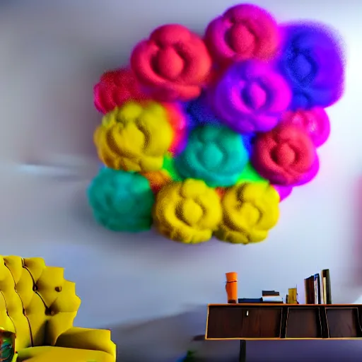 Prompt: : colorful abstract puffy floral sculpture art on the wall in modern architecture studio, cinematic lighting, hyper - realistic, detailed, render by c 4 d octane, unreal engine, 8 k 3 d render