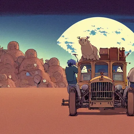 Prompt: a study of cell shaded cartoon of a huge bull and bear howl's moving castle ( 2 0 0 4 ) on a desert road, in front of a big moon, full body, wide shot, very muted colors, post grunge, studio ghibli, laurie greasley, highly detailed, deviantart, art by artgem